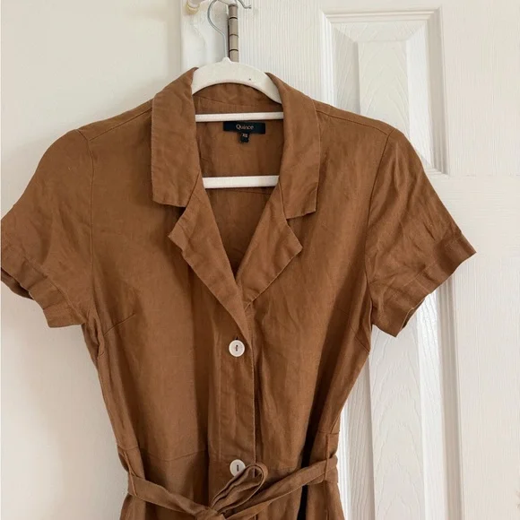 Quince 100% European Linen Button Front Dress Brown Tan Tie XS - Picture 4 of 6
